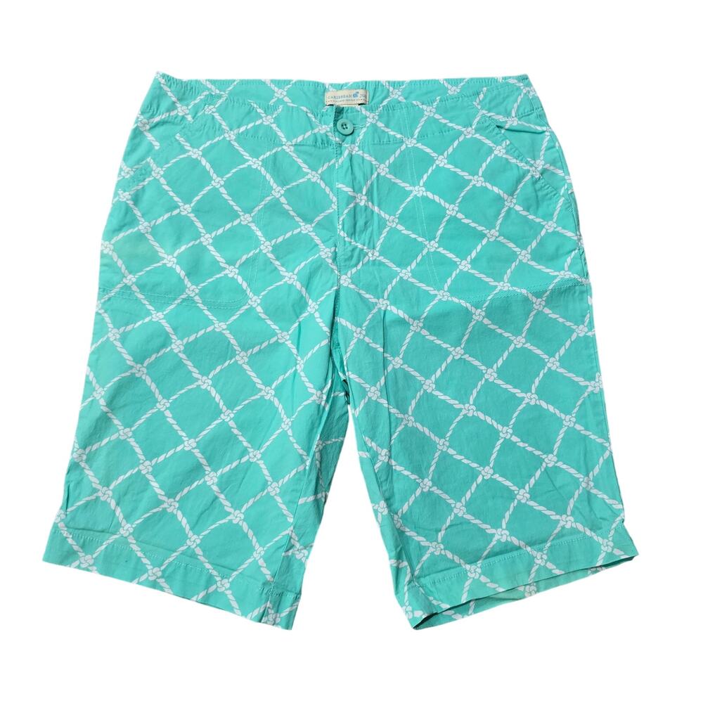 Caribbean Joe Green & White Rope Knot Print Bermuda Shorts Multiple Pockets
